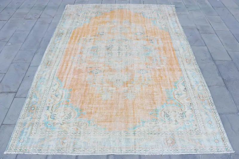 7.5x10.6 ft Rug, Vintage Turkish Rug, Orange Floral Wool Rug - 1