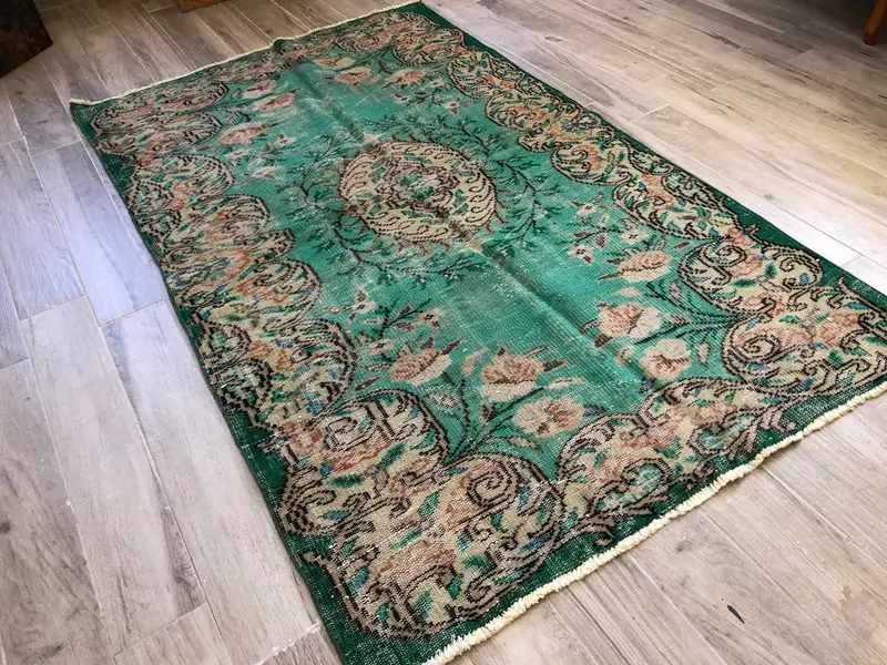 Alfombra vintage turca de 4,2x7,1 pies, alfombra de área, alfombra de lana marrón verde - 1