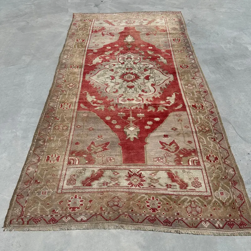 Vintage Rug, Area 3.9x8 ft Turkish Rug, Beige Red Striped Wool Rug - 1