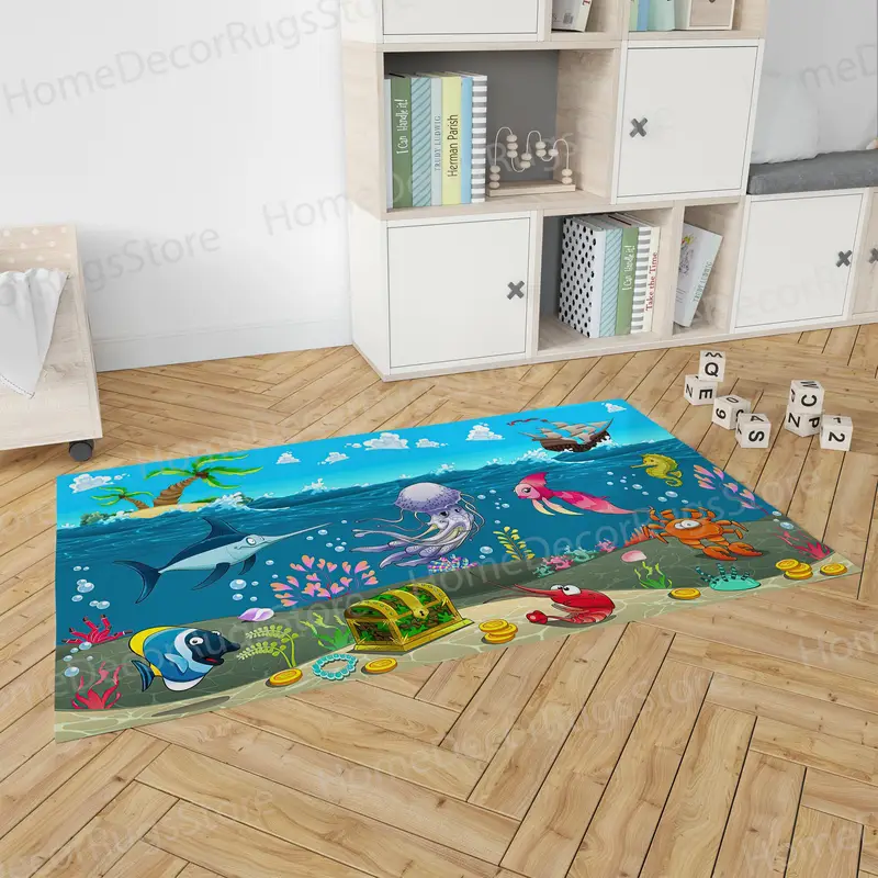 Elegant Underwater Cartoon Printed Rug: Colorful Undersea Design