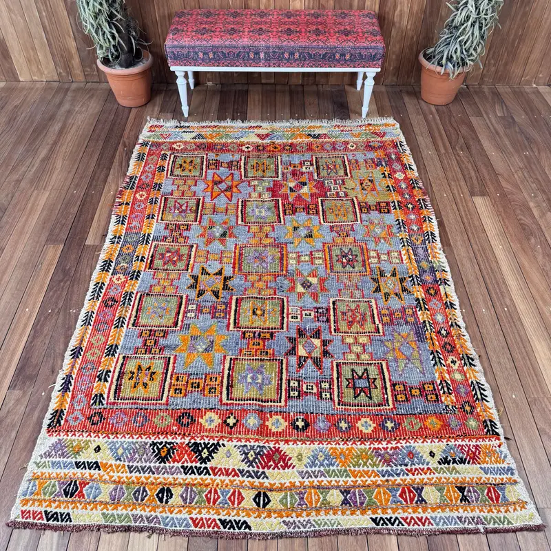 Vintage Turkish Large Rug 5.3x7.6 ft, Red Blue Solid Wool Rug - 1