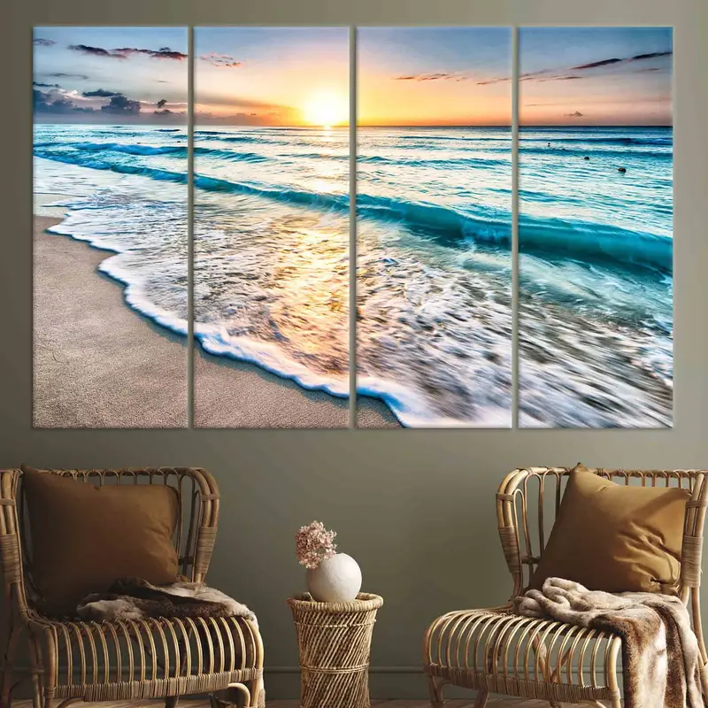 Sunset at the Ocean, Beach Scenery Wall Art, Beach View, Sea Landscape Wall Decor, Coastal Wall Art, Blue Wall Art, Huge Canvas, - 9