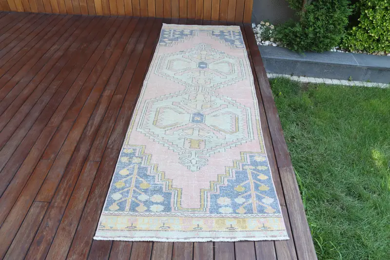 Turkish Vintage Rug, Runner 2.9x8.9 ft (89x272 cm) Rug, Pink Ombré Wool Rug - 1