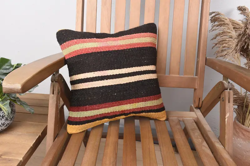 Brown Vintage Moroccan Pillow, Striped 14x14 inch Seasonal Gift Outdoor Cushion Cover - 1