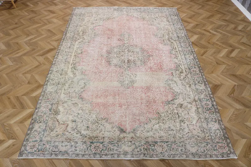 6.6x10.2 ft Rug, Vintage Turkish Large Rug, Gray Oushak Wool Rug - 1