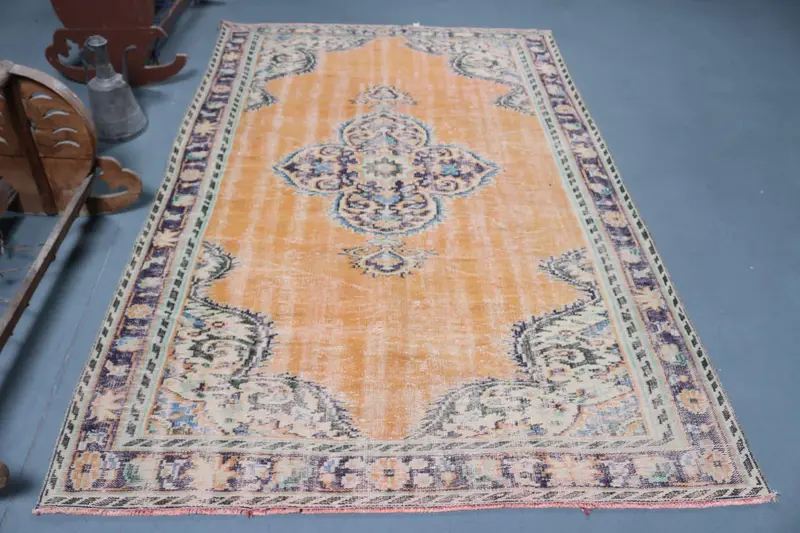 5,2x7,8 ft türkischer Teppich, großer Vintage-Teppich, orange-blauer Teppich mit Pflanzen und Bäumen - 1