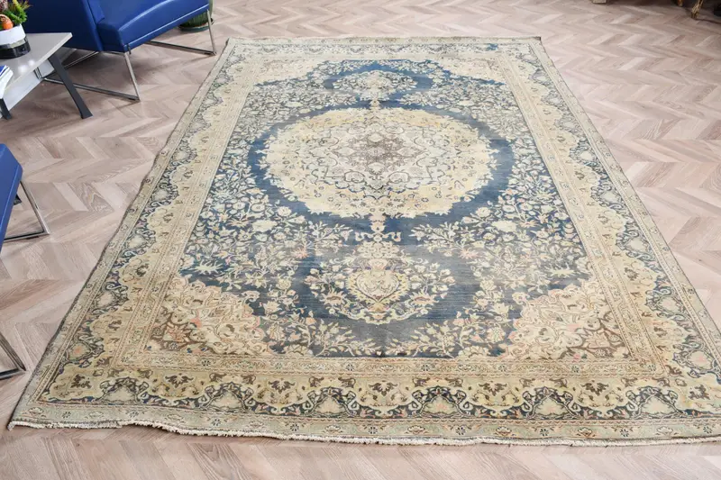 6.4x9 ft Vintage Halı, Türk Büyük Halı, Mavi Bej Çiçekli Halı - 1