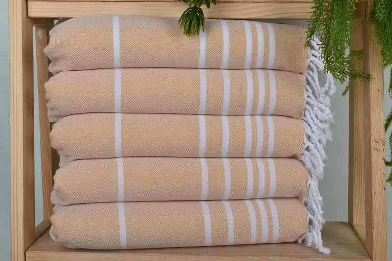 Monogram Hand Towel Organic Cotton/Linen Mustard Striped, 38x18 Inches