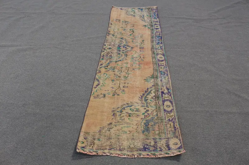 オレンジ & ブルー ラグ、2.5x8.7 フィートの幾何学模様の花柄デザイン