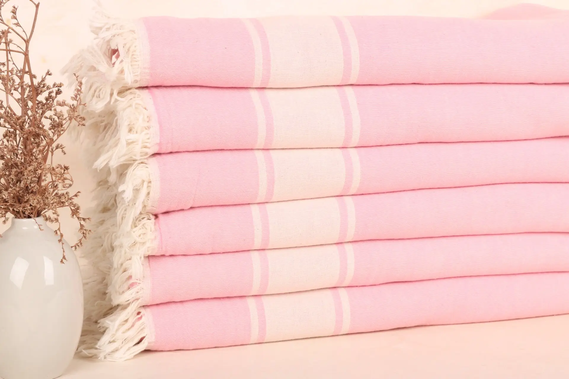 Pink Cotton Striped Blanket, 60x71 Inches, Organic Recycled Cotton - 1