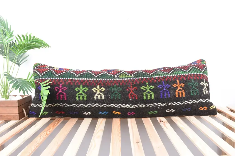 Vintage Kilim Pillow, Pillow for Couch, Turkish Kilim Pillow, Authentic Pillow Cover, Pillow Sham, 16x48 Green Pillow - 1
