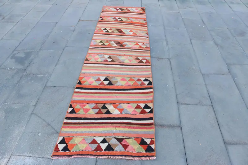 2.2x8.5 ft Halı, Runner Vintage Halı, Turuncu Kilim Bitkiler ve ağaçlar Halı - 1