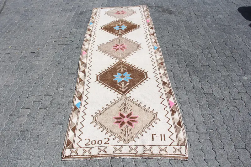 Turkish Herki Rug 3.9x11.5 ft, Brown White Polka dot Wool Vintage Rug - 1