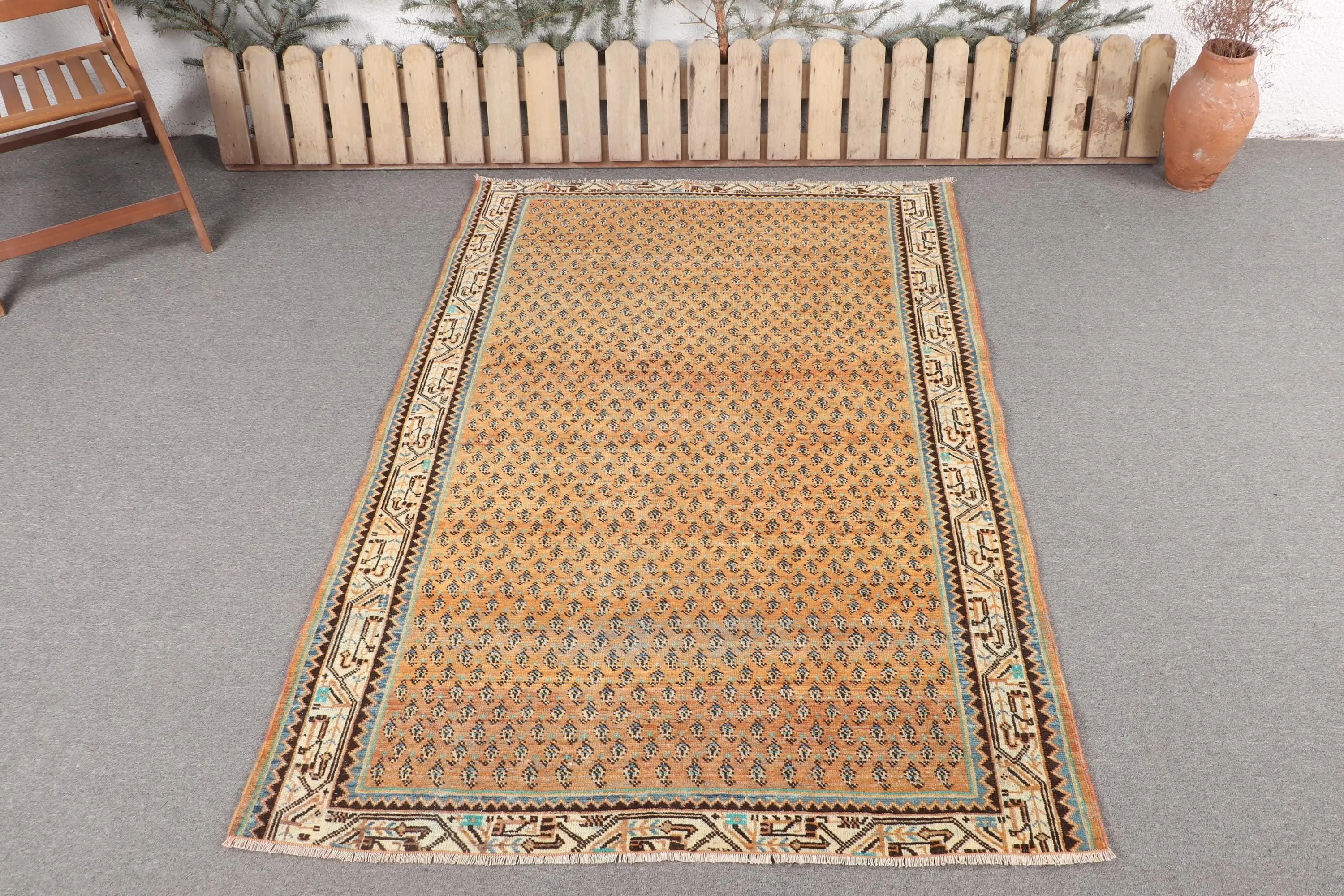 4.2x6.3 ft Vintage Area Rug, Brown Blue Turkish Southwestern Wool Rug - 1