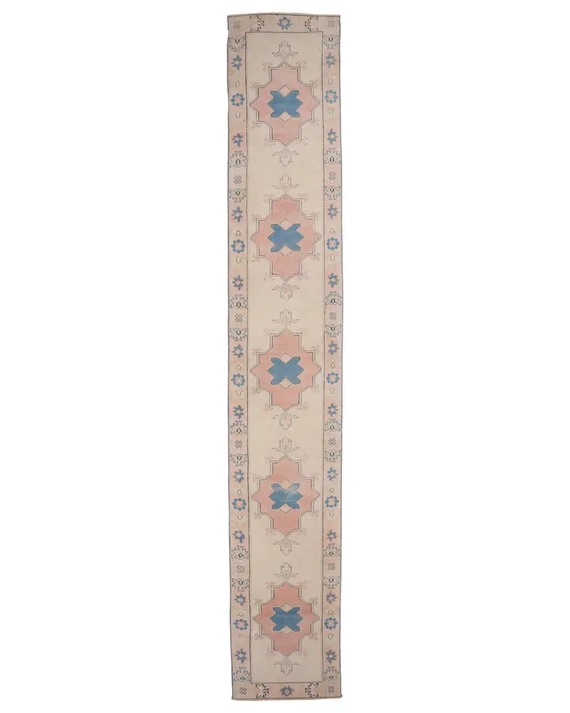 Elegant Beige & Blue Floral Rug, 2,3x14,4 ft Chic Decor