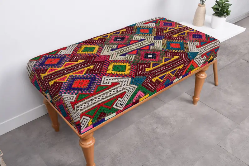 ボヘミアンパッチワークベンチ 収納付き 折りたたみベンチ