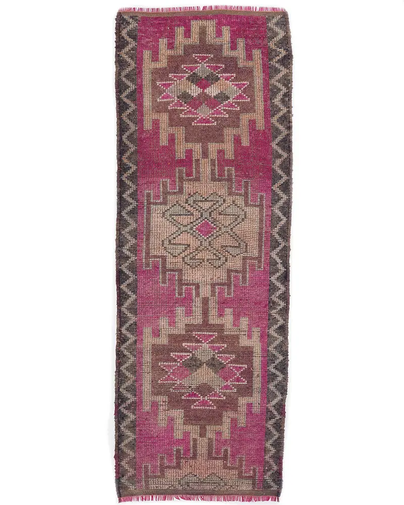 Pembe ve Mavi Halı, 3,1x8,6 ft Çiçek ve Geometrik