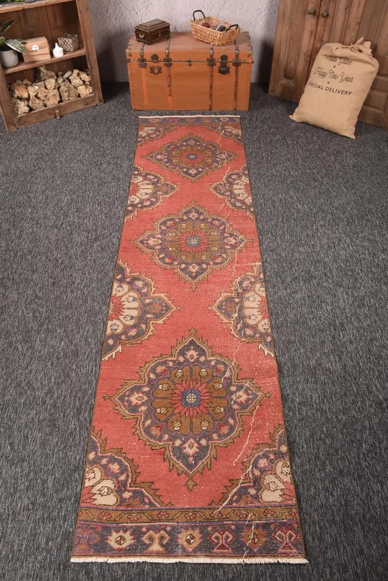 Vintage Turkish Rug, Runner 2.7x11.1 ft (82x338 cm) Rug, Red Geometric Wool Rug - 1