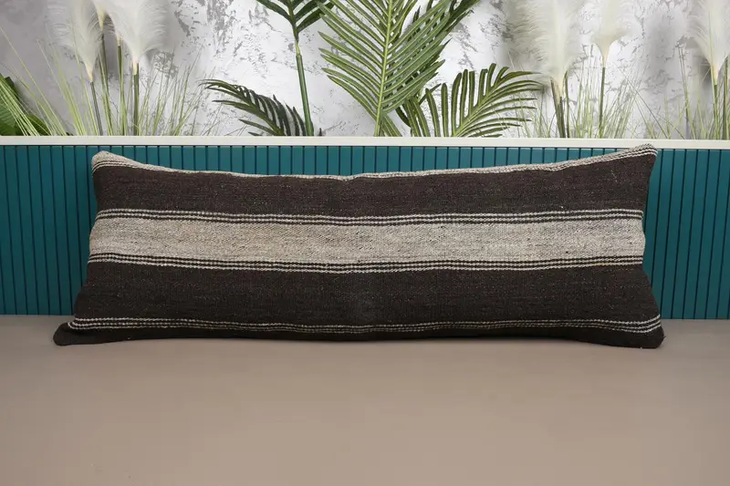ヴィンテージベージュストライプクッションカバー、長方形モロッコ 16x42 インチルーム変身クッションケース - 1