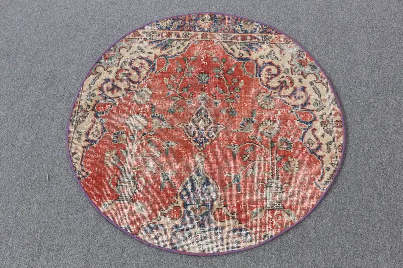 Roter und blauer Teppich, 3,15 x 3,22 Fuß, floral und geometrisch