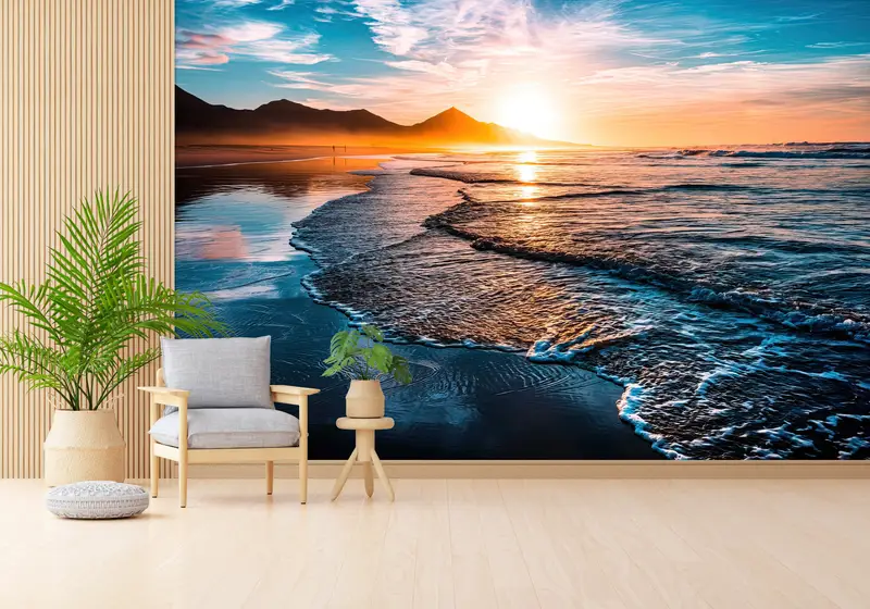 Zarif Baskılı Duvar Kağıdı: Okyanus Dalgaları ve Gün Batımı Manzaraları