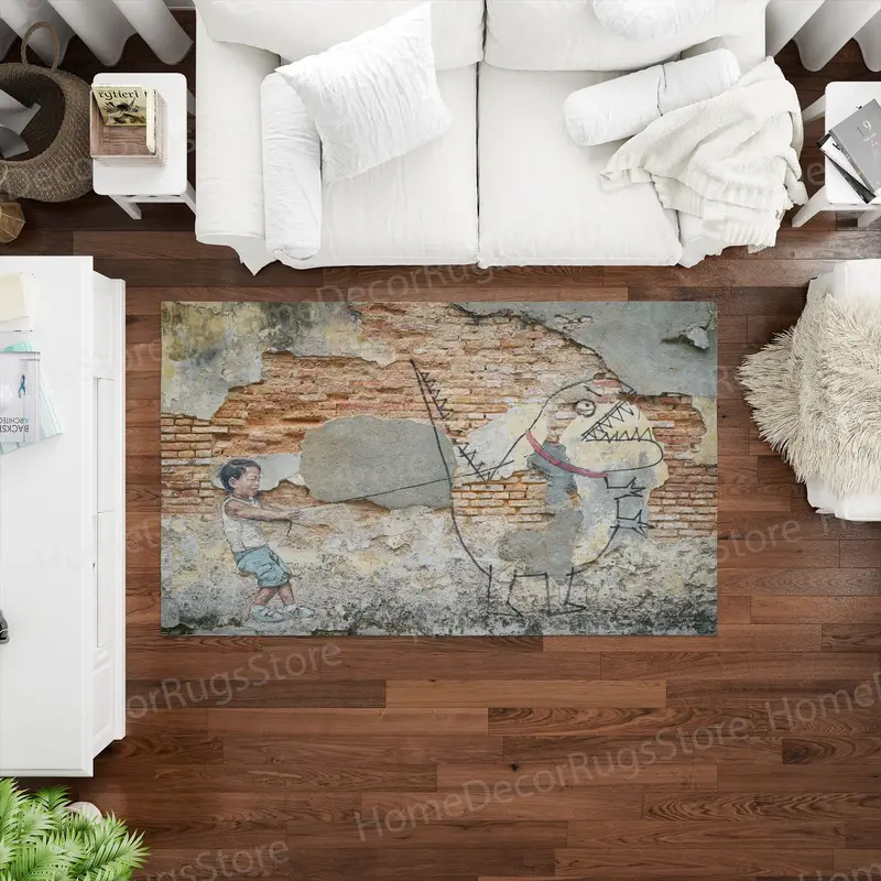 モダンなプリントラグ: かわいい恐竜ディノグラフィティデザイン