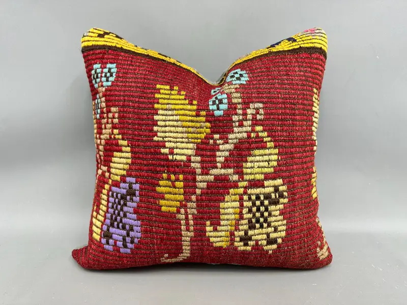 Throw Kilim Pillow, Ethnic Pillow Cover Cushion Case, Pillow for Couch, Ethnical Kilim Rug Pillow, 20x20 Red Cushion, Traditional Pillow, Cushion - 1