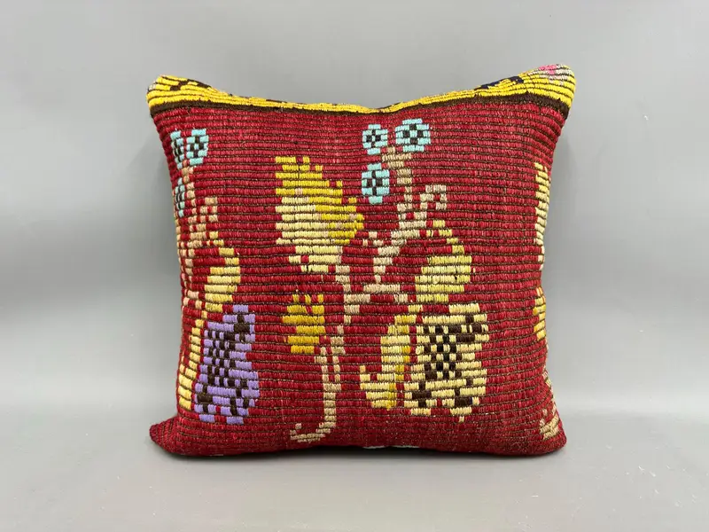Throw Kilim Pillow, Ethnic Pillow Cover Cushion Case, Pillow for Couch, Ethnical Kilim Rug Pillow, 20x20 Red Cushion, Traditional Pillow, Cushion - 4