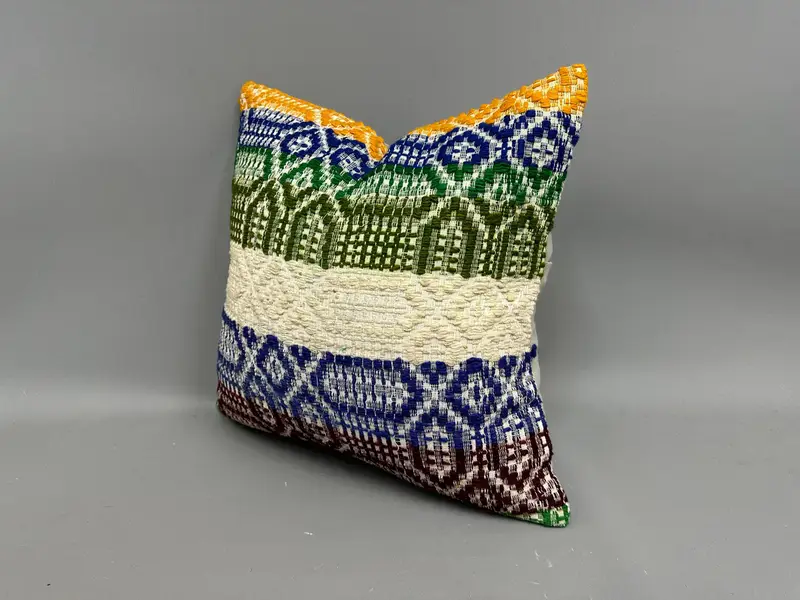 Antique Pillows, Sofa Bolster Cushion Case, Vintage Pillow, Kilim Pillow, Pillow Case, Decorative Cushion, 18x18 Blue Cushion Cover - 3