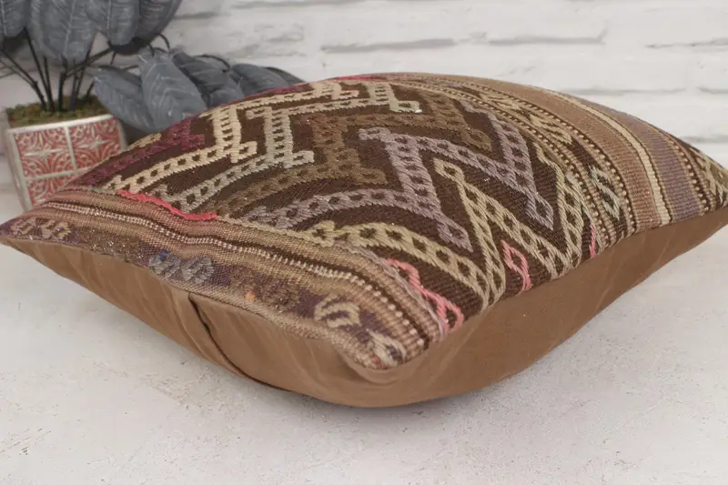 Bed Cushion, Kilim Pillow, Turkish Pillow, Turkish Kilim Pillow, Pillow Sham, Neutral Pillow Sham, 16x16 Brown Cushion Case - 6