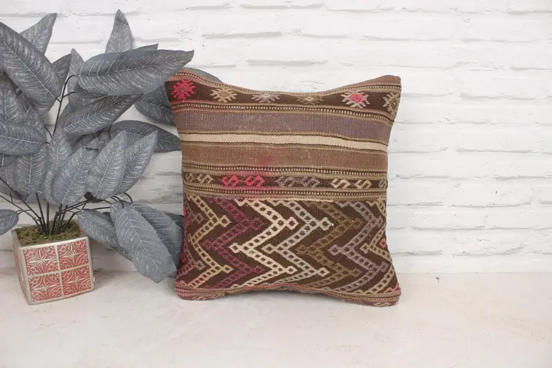 Bed Cushion, Kilim Pillow, Turkish Pillow, Turkish Kilim Pillow, Pillow Sham, Neutral Pillow Sham, 16x16 Brown Cushion Case - 1