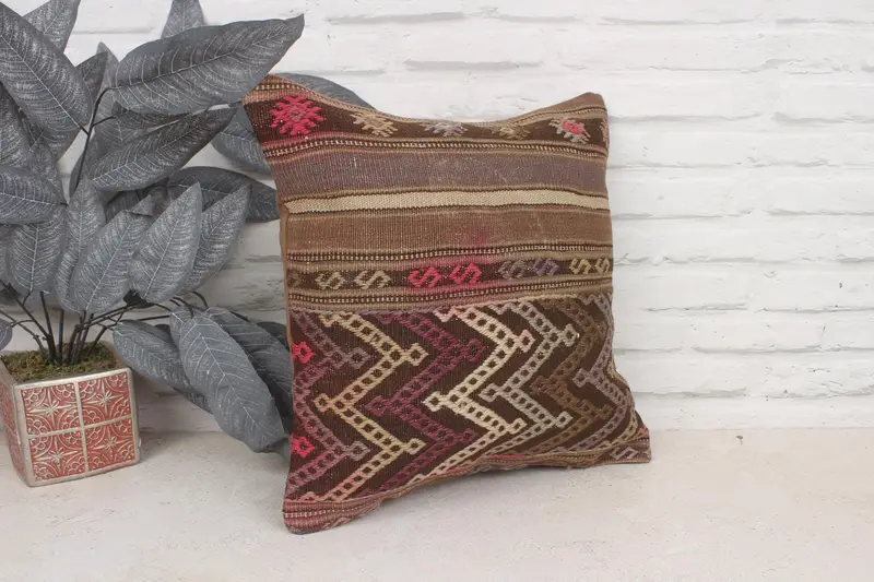 Bed Cushion, Kilim Pillow, Turkish Pillow, Turkish Kilim Pillow, Pillow Sham, Neutral Pillow Sham, 16x16 Brown Cushion Case - 3