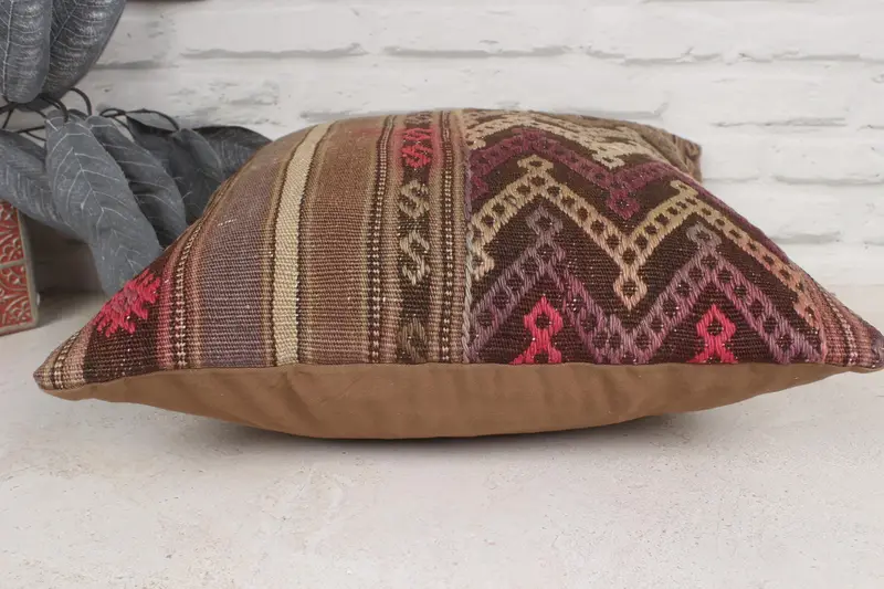 Bed Cushion, Kilim Pillow, Turkish Pillow, Turkish Kilim Pillow, Pillow Sham, Neutral Pillow Sham, 16x16 Brown Cushion Case - 5