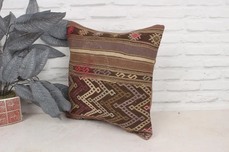 Bed Cushion, Kilim Pillow, Turkish Pillow, Turkish Kilim Pillow, Pillow Sham, Neutral Pillow Sham, 16x16 Brown Cushion Case - 4