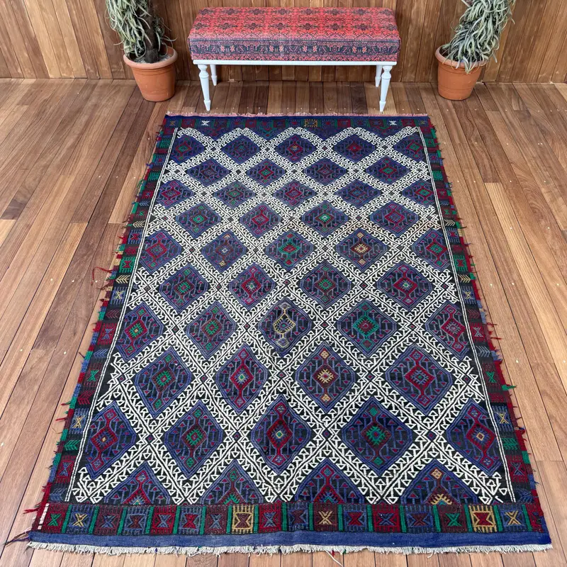 Vintage 5,4x8,4 ft Teppich, großer türkischer Teppich, blauer Teppich aus massiver Wolle - 1