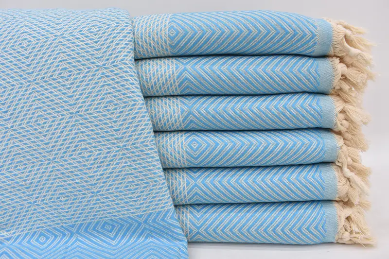 Turkish Blanket Blue Chevron, 94x78 Inches, Natural Cotton, Bohemian Style