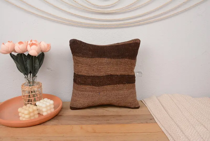 Hippie Throw Pillow Cover, Farmhouse Pillow Cover, 14x14 Brown Cushion Case, Pillow for Sofa, Cushion Cover, Vintage Kilim Pillow, Kilim Pillow - 2