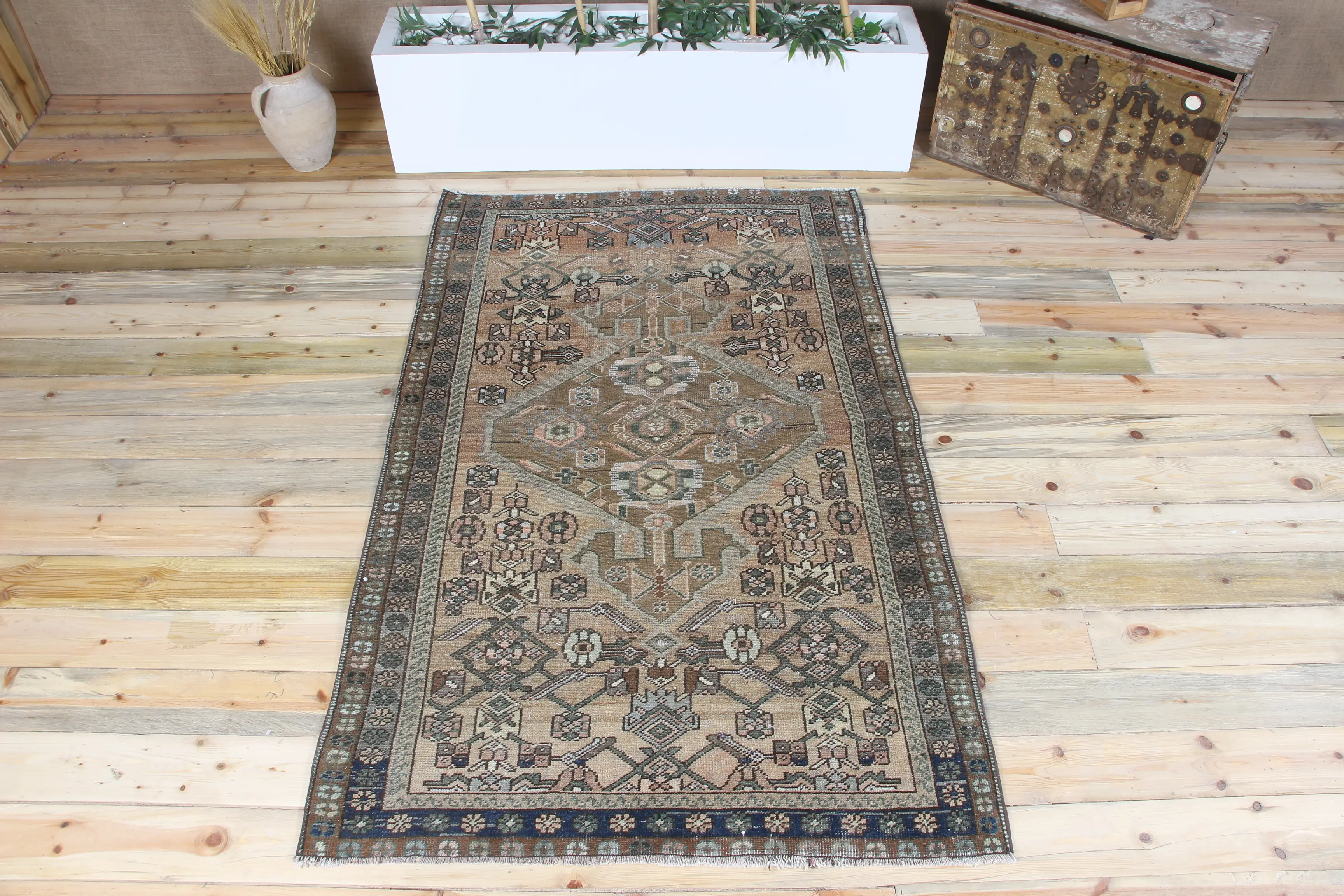Türk Vintage Halısı, 4.2x6.6 ft Alan Halısı, Kahverengi Oushak Geometrik Halı - 1