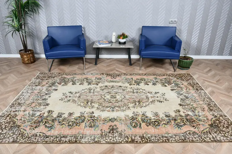 Vintage Türk Halısı, 5.5x9.2 ft Büyük Halı, Kahverengi Oushak Kareli Halı - 1