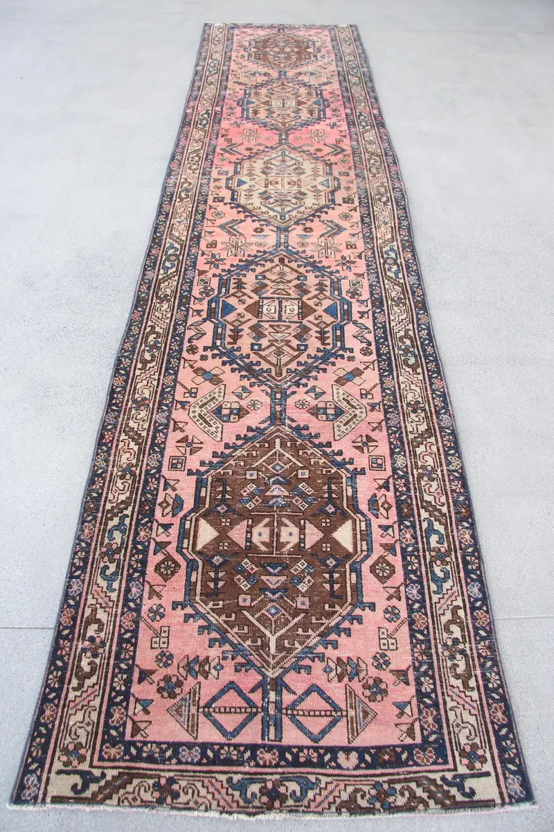 Brown, Blue Animal Print Rug, 3,2x14,1 ft