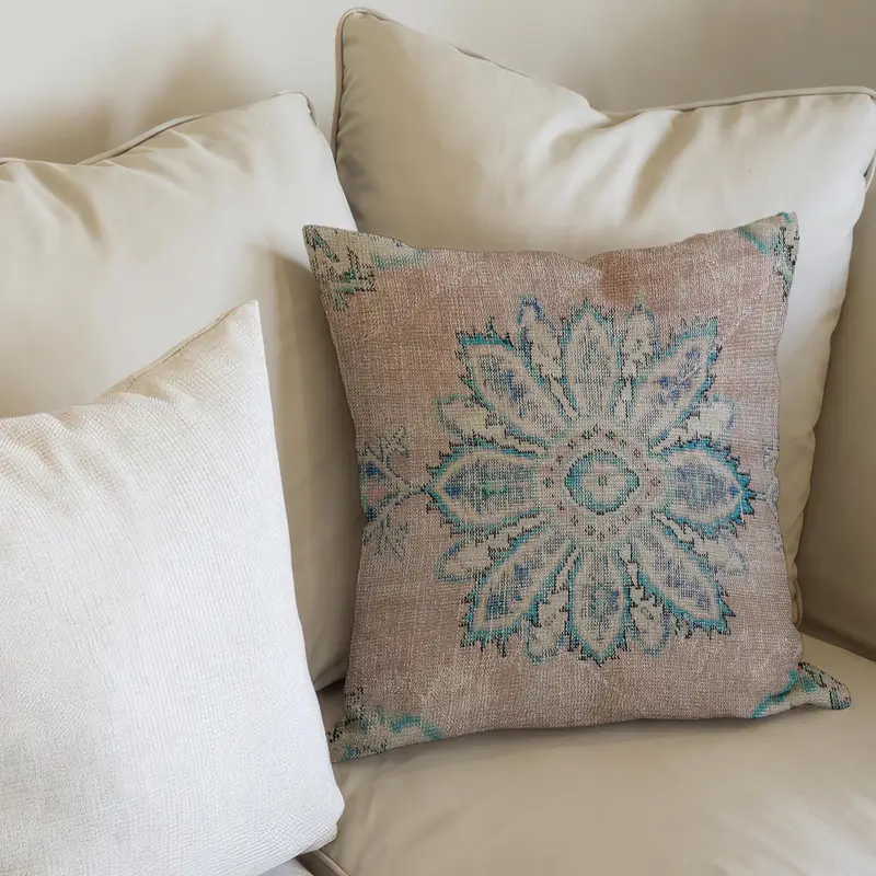 Vintage-Inspired Blue & Beige Printed Pillow for Home Decor