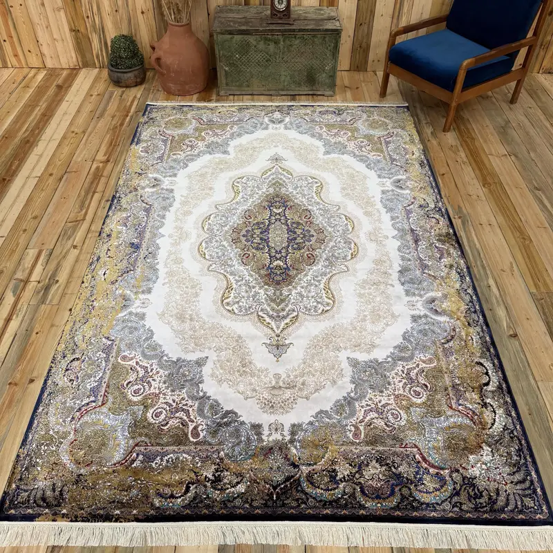 Vintage Teppich, 6,4x9,9 ft großer türkischer Teppich, Oushak Blau Weiß Blumenteppich - 1