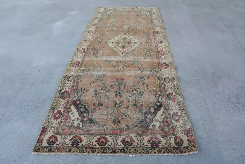 Vintage 4x10.7 ft Halı, Türk Yolluk Halısı, Kahverengi Ombré Halı - 1