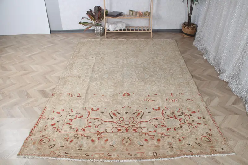 6.7x12.6 ft Turkish Rug, Vintage Oversize Rug, Beige Ombré Wool Rug - 1