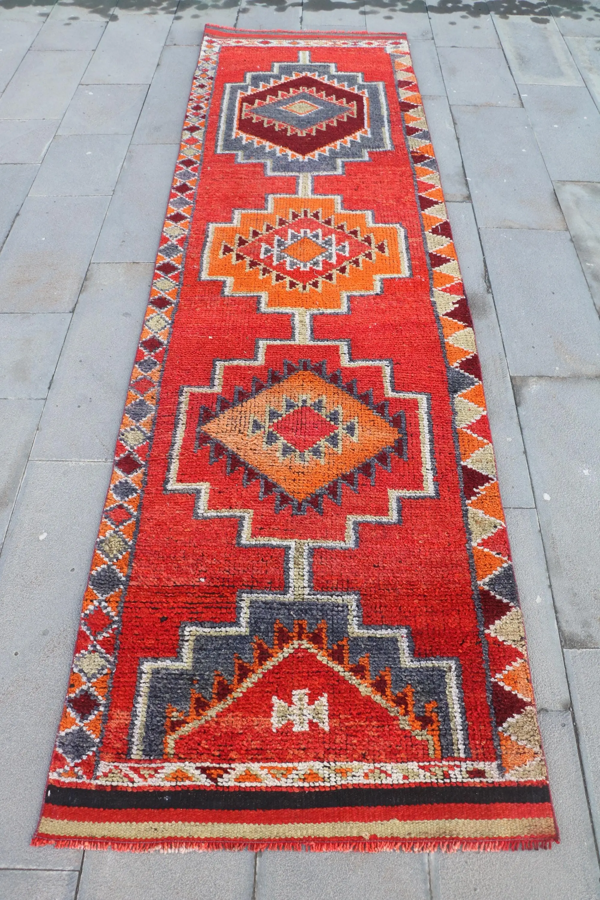 Vintage 3x10.6 ft Rug, Runner Turkish Rug, Red Oriental Wool Rug - 1