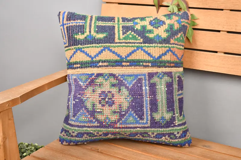 Almohada de lanzamiento de patchwork azul y naranja, cojín bordado vintage