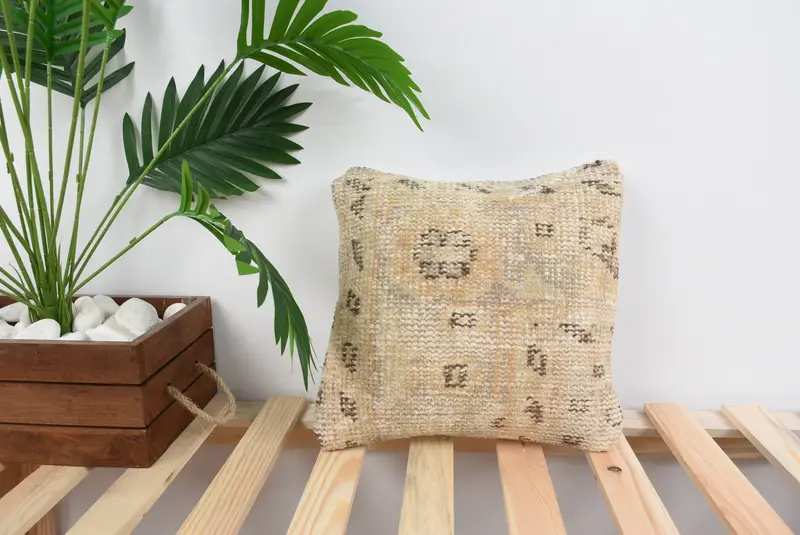 12x12 Beige Cushion Cover, Pillow, Throw Kilim Pillow, Anatolian Pillow Sham, Pillow for Sofa, Turkish Corner Cushion Case, Interior Designer Pillow - 1
