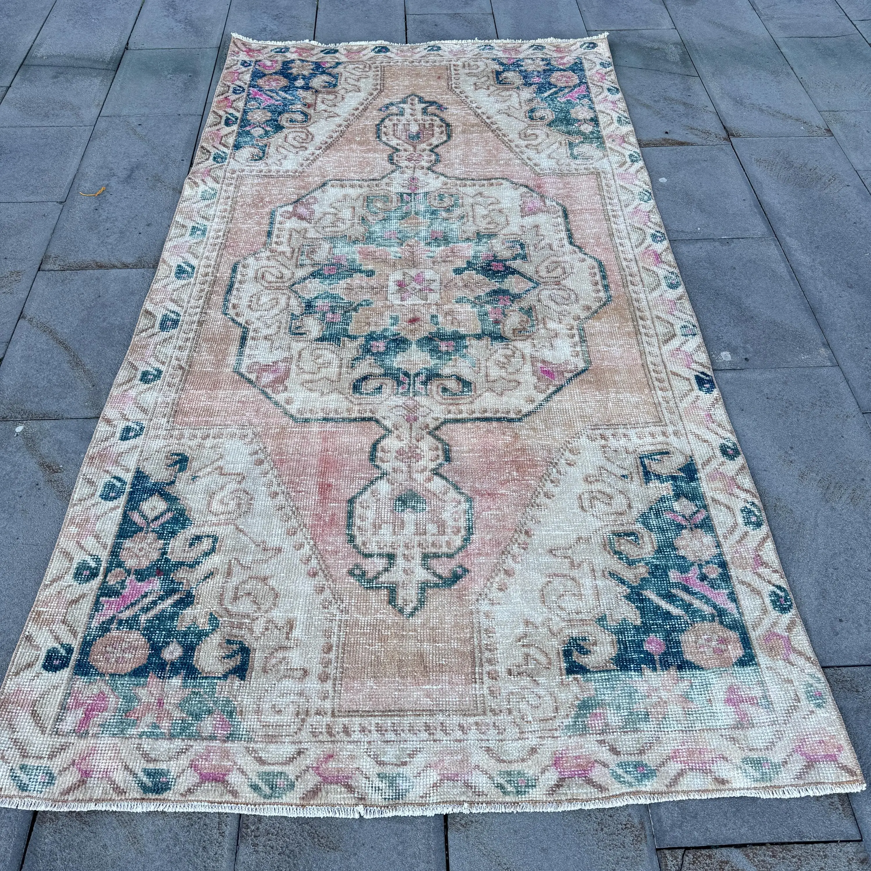 4.2x7.5 ft Rug, Turkish Vintage Rug, Blue Pink Ombré Wool Rug - 1