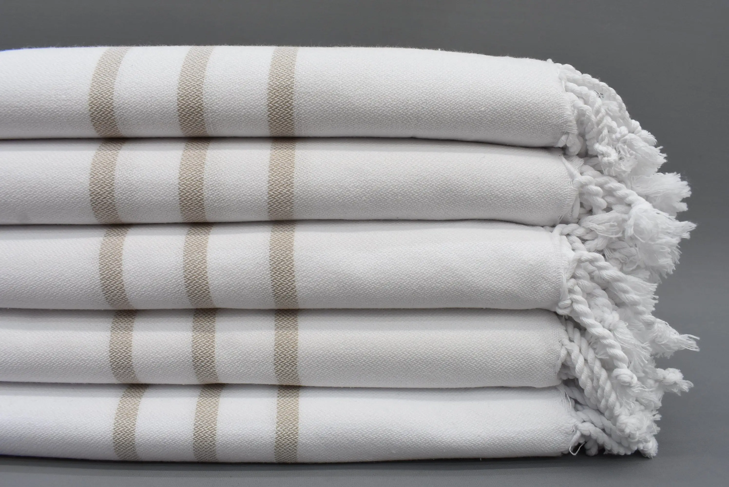 Handmade Organic Cotton Bath Towel, Beige Striped, 70x40 Inches - 1