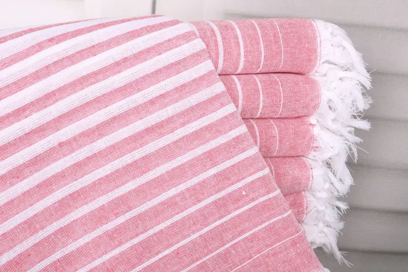 40x69 Inches White-Red Cotton Towel, Striped, Turkish Bath Towel